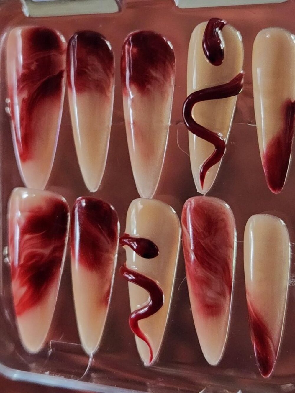 3.0 Nude & blood red marbled stiletto press-on nails with snakes. Size M.